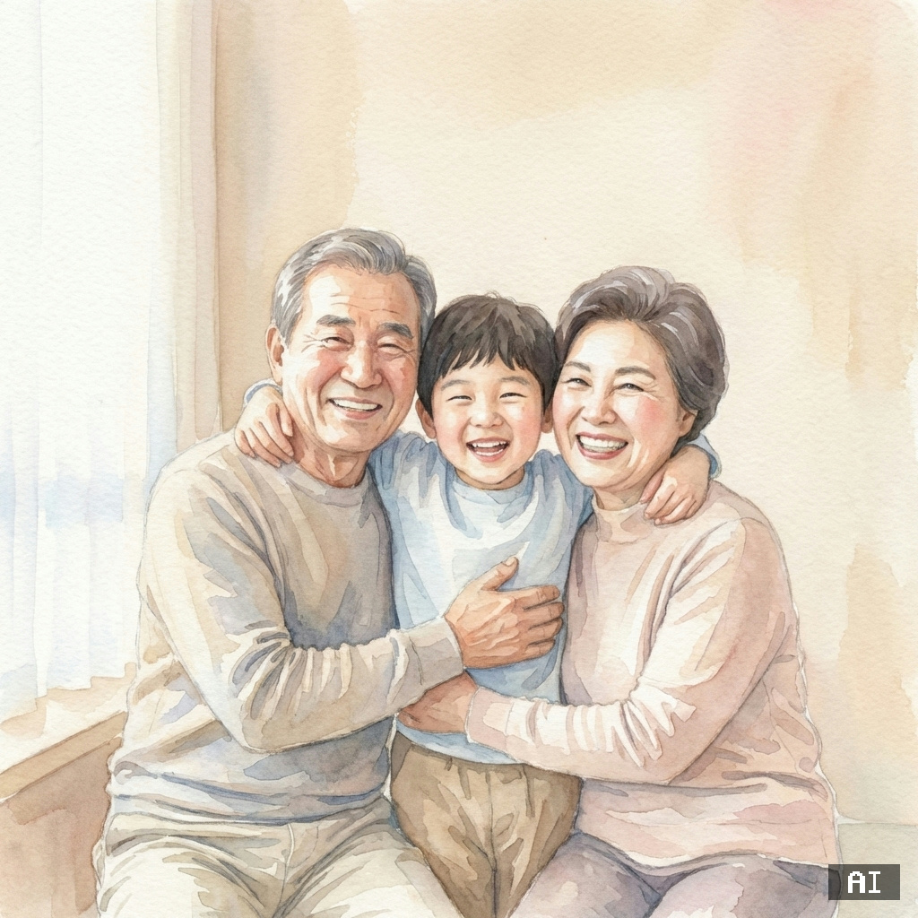 할머니할아버지와 손자 (수채화)